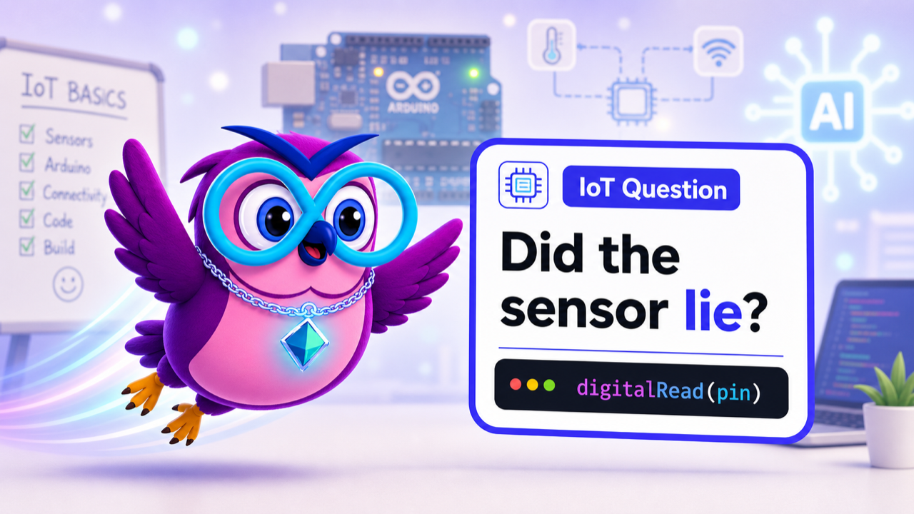 Arduino & IoT for Beginners question illustration with the zero2hero owl mascot
