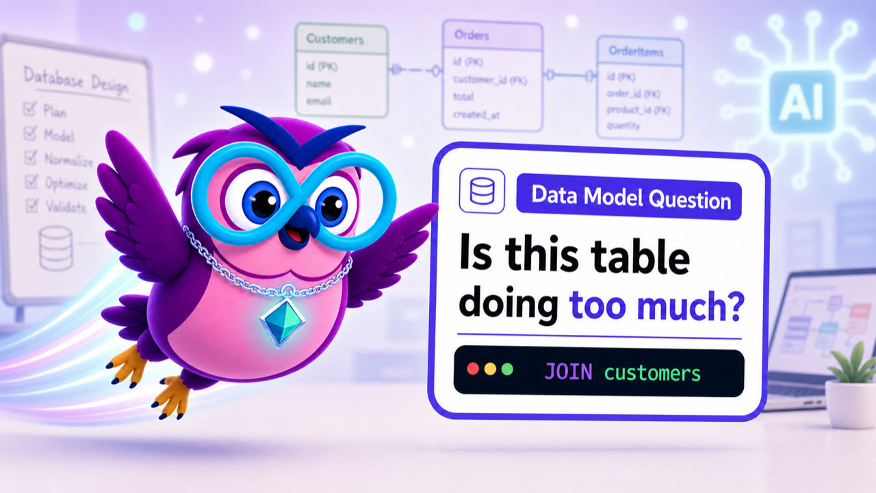 Database Design with Vibe Coding question illustration with the zero2hero owl mascot