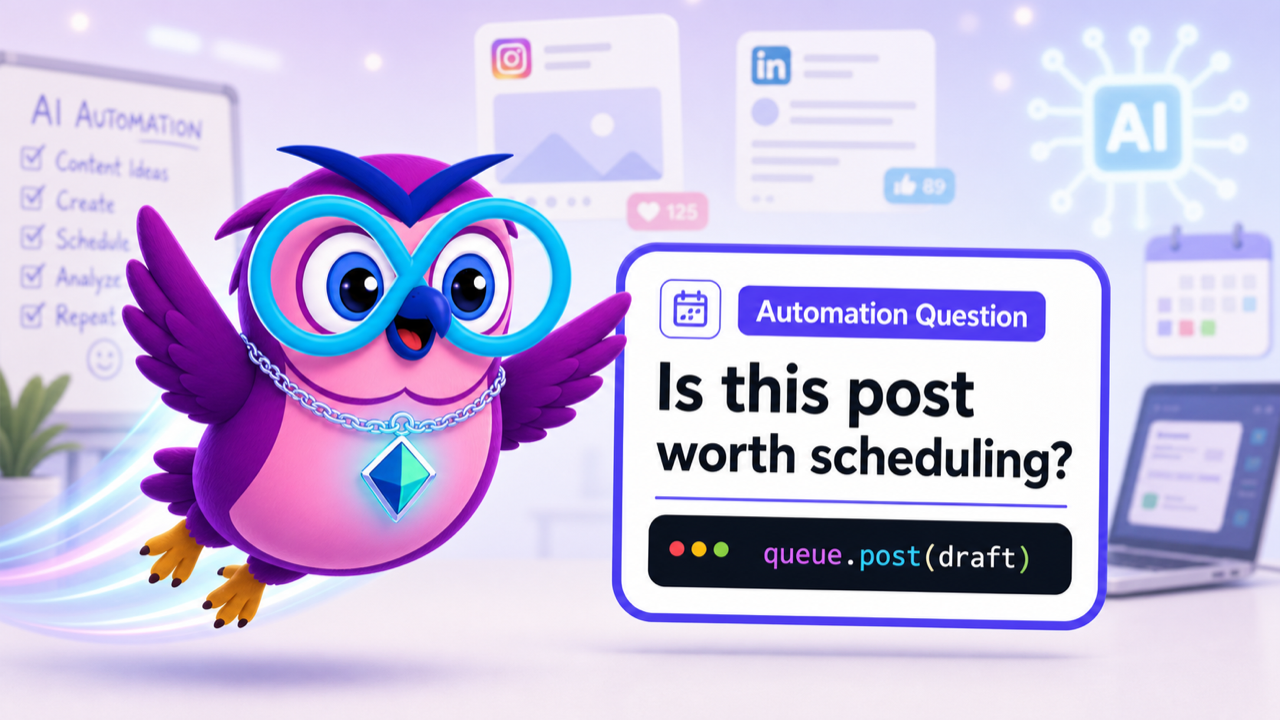 Instagram & LinkedIn AI Automation question illustration with the zero2hero owl mascot