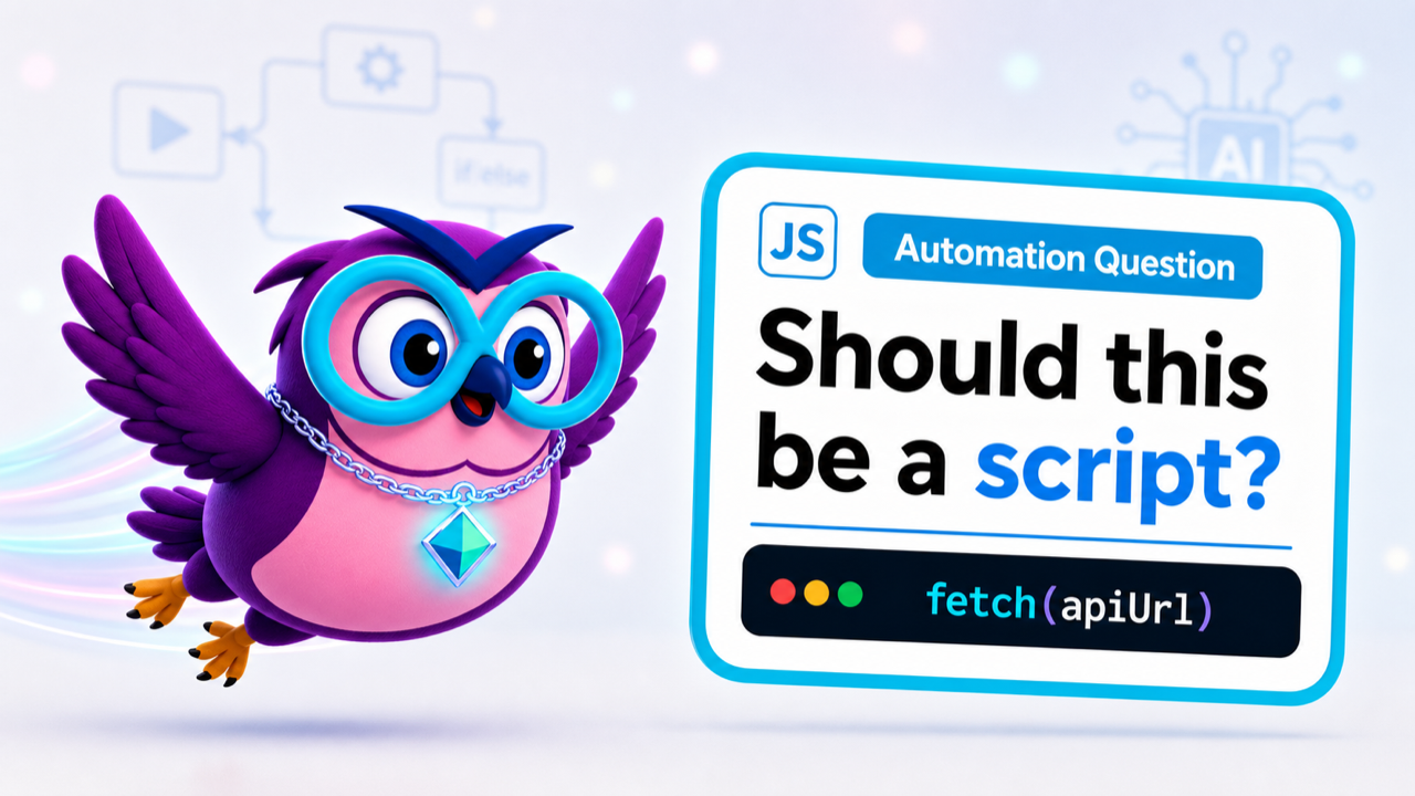 JavaScript for AI & Automation question illustration with the zero2hero owl mascot