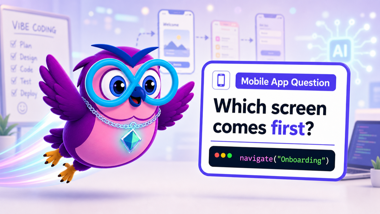 Mobile App Development with Vibe Coding question illustration with the zero2hero owl mascot