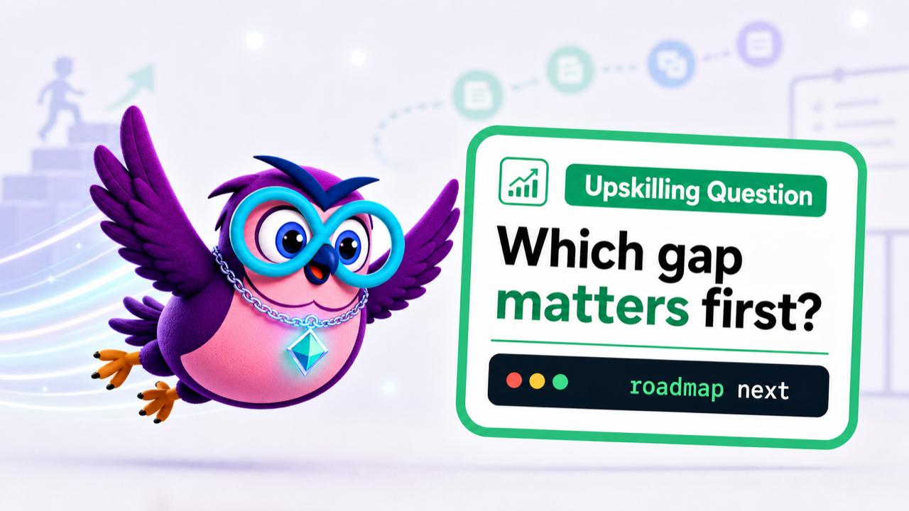 UpSkilling question illustration with the zero2hero owl mascot