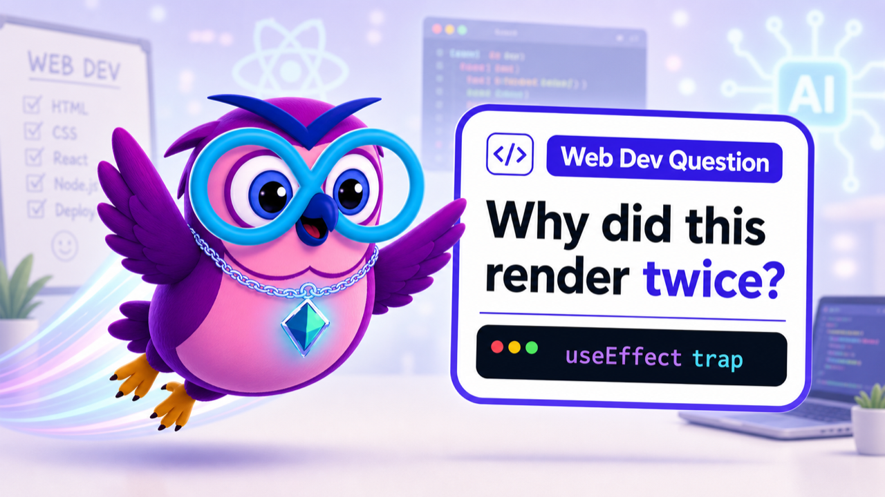 Web Development with Vibe Coding question illustration with the zero2hero owl mascot